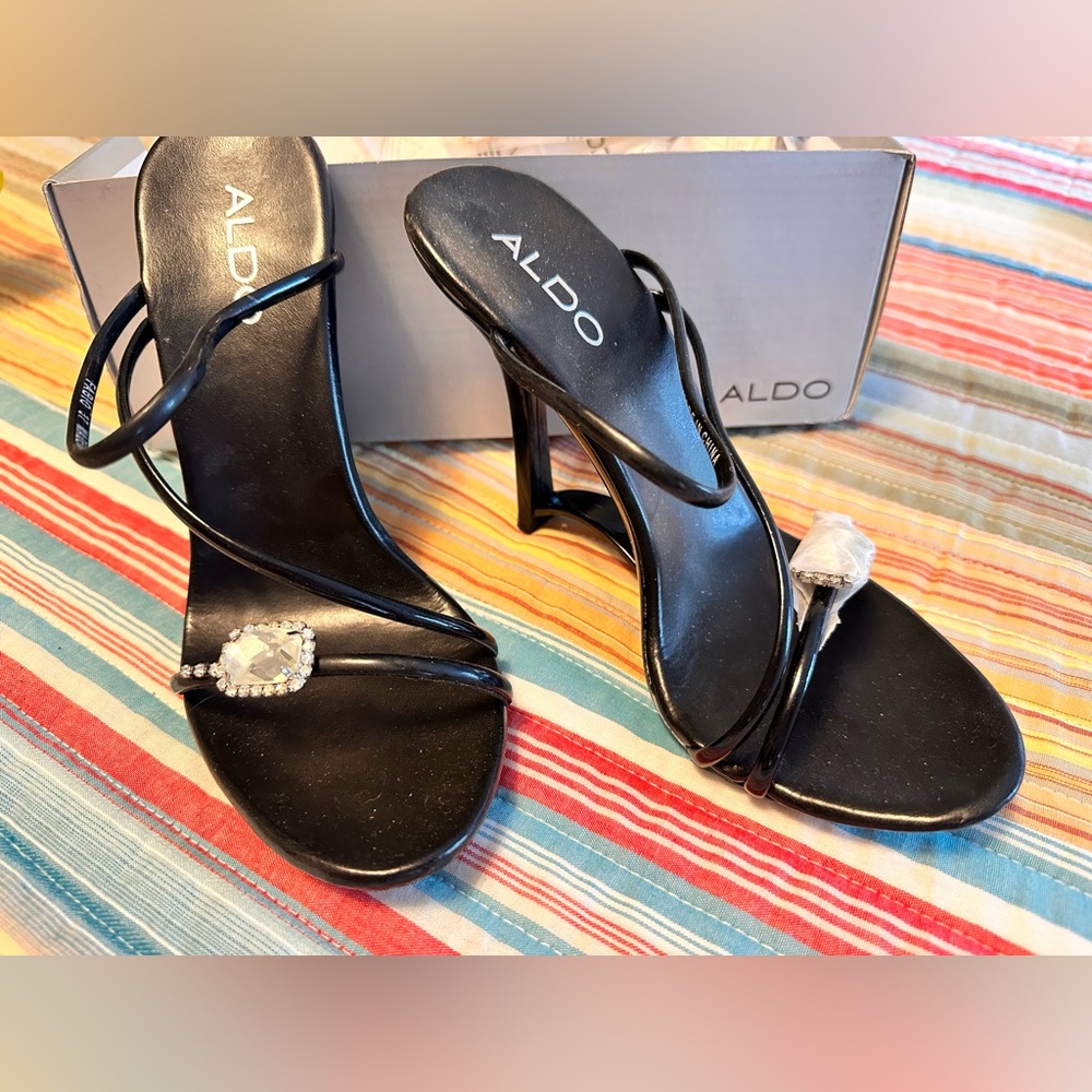 Vintage Aldo Black Rhinestone Open Toe Strappy Heel Brand New In Box